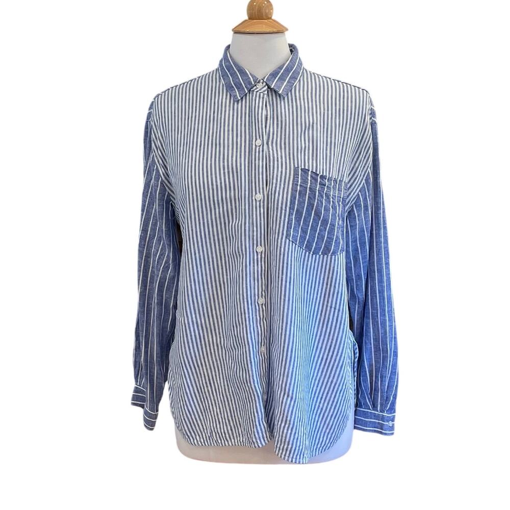 Old Navy Linen Blend Multi Blue Stripe Boyfriend Shirt, Relaxed Fit, Size M